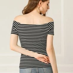 Allegra K Women's Slim Fit Short Sleeves Off The Shoulder Cropped Top