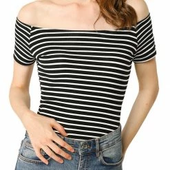 Allegra K Women's Slim Fit Short Sleeves Off The Shoulder Cropped Top