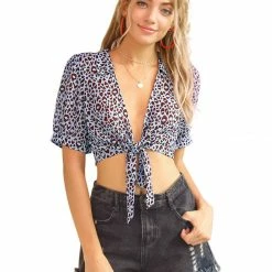 Allegra K Women's Leopard Printed Summer Bow Tie Chiffon Crop Top Blouse