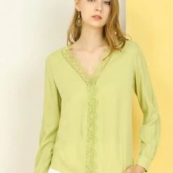 Allegra K Women's V Neck Casual Blouse Top Sweet Patchwork Crochet Lace Shirt