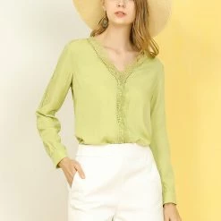 Allegra K Women's V Neck Casual Blouse Top Sweet Patchwork Crochet Lace Shirt