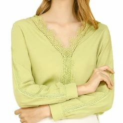 Allegra K Women's V Neck Casual Blouse Top Sweet Patchwork Crochet Lace Shirt