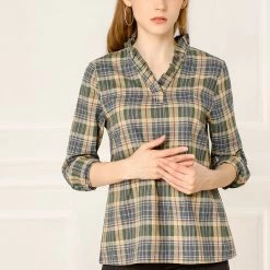 Allegra K Women's Ruffle Collar Cotton Blouse Plaid Shirts Long Sleeve Tops