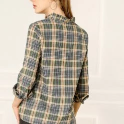 Allegra K Women's Ruffle Collar Cotton Blouse Plaid Shirts Long Sleeve Tops