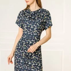 Allegra K Women's Floral Print Cowl Neck Short Sleeve Ruched Sheath Dress