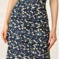 Allegra K Women's Floral Print Cowl Neck Short Sleeve Ruched Sheath Dress