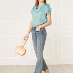 Allegra K Women's Tulip Sleeve Side Bow Tie Decor Choker Neck Summer Casual Chiffon Plaid Blouse