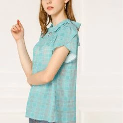 Allegra K Women's Tulip Sleeve Side Bow Tie Decor Choker Neck Summer Casual Chiffon Plaid Blouse