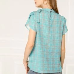 Allegra K Women's Tulip Sleeve Side Bow Tie Decor Choker Neck Summer Casual Chiffon Plaid Blouse