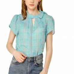Allegra K Women's Tulip Sleeve Side Bow Tie Decor Choker Neck Summer Casual Chiffon Plaid Blouse