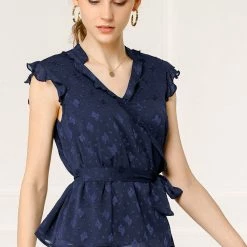 Allegra K Women's V Neck Ruffle Sleeveless Peplum Faux Wrap Tie Top Blouse