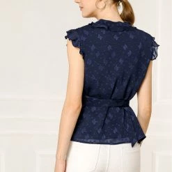 Allegra K Women's V Neck Ruffle Sleeveless Peplum Faux Wrap Tie Top Blouse