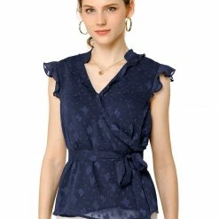 Allegra K Women's V Neck Ruffle Sleeveless Peplum Faux Wrap Tie Top Blouse