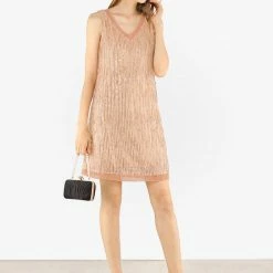 Allegra K Women's Sequin Sleeveless V Neck Above Knee Fringe Shift Party Dress