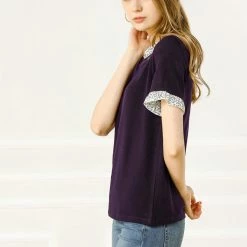 Allegra K Women's Work Ruffled Trim Cuff Round Neck Solid Top Knit T-Shirt