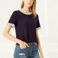 Allegra K Women's Work Ruffled Trim Cuff Round Neck Solid Top Knit T-Shirt