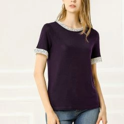 Allegra K Women's Work Ruffled Trim Cuff Round Neck Solid Top Knit T-Shirt
