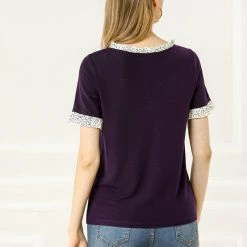 Allegra K Women's Work Ruffled Trim Cuff Round Neck Solid Top Knit T-Shirt