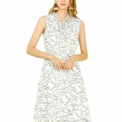 Allegra K Women's Vintage Tie V Neck Abstract Print Below Knee Summer Sleeveless Swing Sun Dress