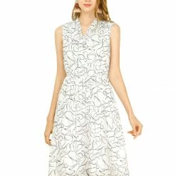 Allegra K Women's Vintage Tie V Neck Abstract Print Below Knee Summer Sleeveless Swing Sun Dress