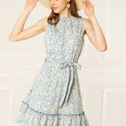 Allegra K Women's Floral Daisy Printed Half Placket Ruffle Hem A-Line Belted Sleeveless Dress