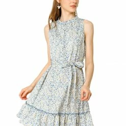 Allegra K Women's Floral Daisy Printed Half Placket Ruffle Hem A-Line Belted Sleeveless Dress