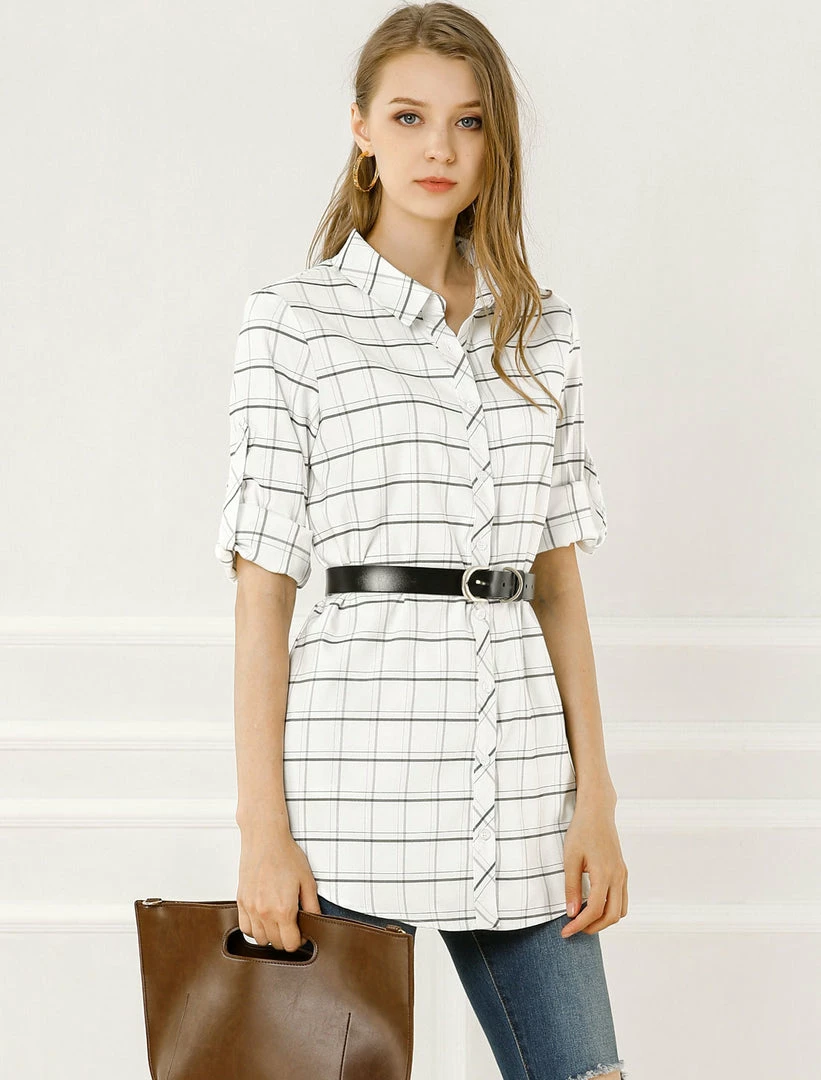 Allegra K Women's Casual Plaid Roll-up 3/4 Sleeve Loose Classic Button Down Shirt 4 Allegra K Women's Casual Plaid Roll-up 3/4 Sleeve Loose Classic Button Down Shirt