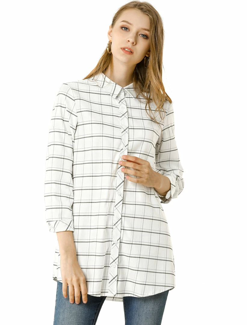 Allegra K Women's Casual Plaid Roll-up 3/4 Sleeve Loose Classic Button Down Shirt 5 Allegra K Women's Casual Plaid Roll-up 3/4 Sleeve Loose Classic Button Down Shirt