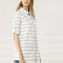 Allegra K Women's Casual Plaid Roll-up 3/4 Sleeve Loose Classic Button Down Shirt 11 Allegra K Women's Casual Plaid Roll-up 3/4 Sleeve Loose Classic Button Down Shirt