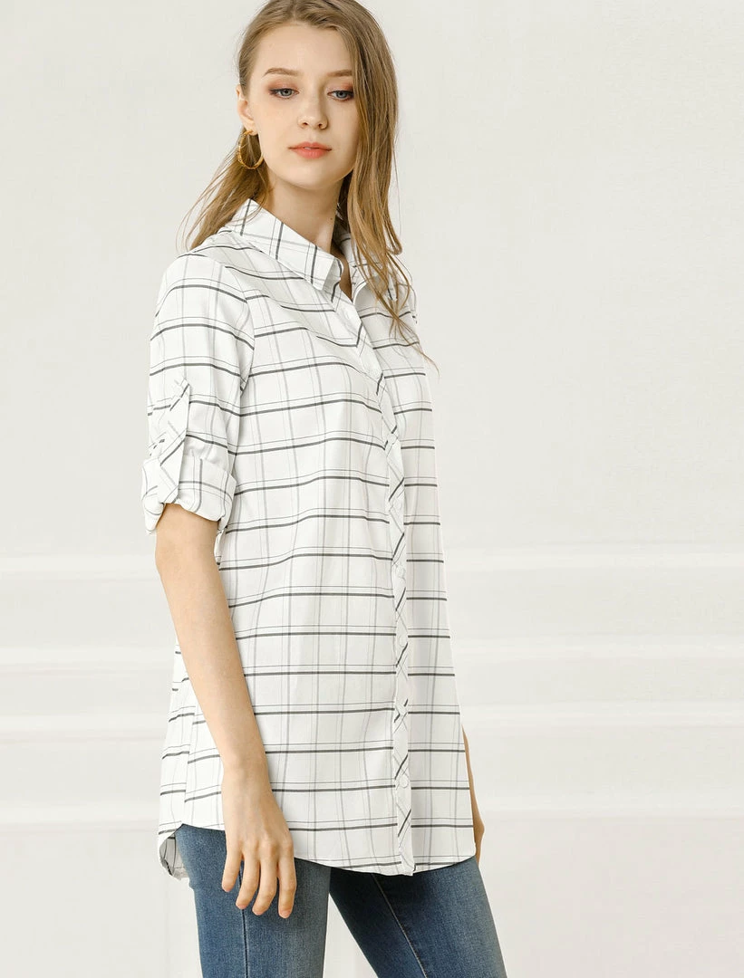 Allegra K Women's Casual Plaid Roll-up 3/4 Sleeve Loose Classic Button Down Shirt 6 Allegra K Women's Casual Plaid Roll-up 3/4 Sleeve Loose Classic Button Down Shirt