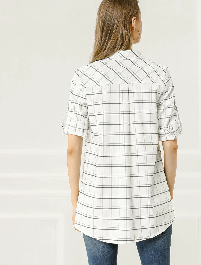 Allegra K Women's Casual Plaid Roll-up 3/4 Sleeve Loose Classic Button Down Shirt 7 Allegra K Women's Casual Plaid Roll-up 3/4 Sleeve Loose Classic Button Down Shirt