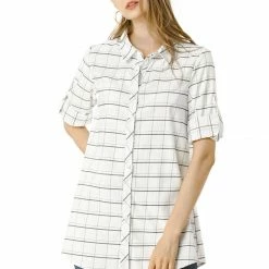 Allegra K Women's Casual Plaid Roll-up 3/4 Sleeve Loose Classic Button Down Shirt