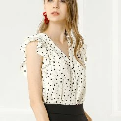 Allegra K Women's Chiffon Ruffle Flutter Sleeves Half Placket V Neck Dot Print Blouse Top