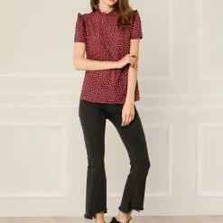 Allegra K Women's Ruffle Polkd Dots Stand Collar Short Sleeve Blouse Tops