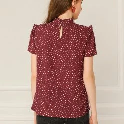 Allegra K Women's Ruffle Polkd Dots Stand Collar Short Sleeve Blouse Tops