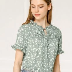Allegra K Women's Floral Tie Neck Ruffle Short Sleeves Peasant Blouse Top 47 Allegra K Women's Floral Tie Neck Ruffle Short Sleeves Peasant Blouse Top
