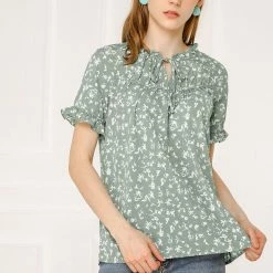 Allegra K Women's Floral Tie Neck Ruffle Short Sleeves Peasant Blouse Top 48 Allegra K Women's Floral Tie Neck Ruffle Short Sleeves Peasant Blouse Top