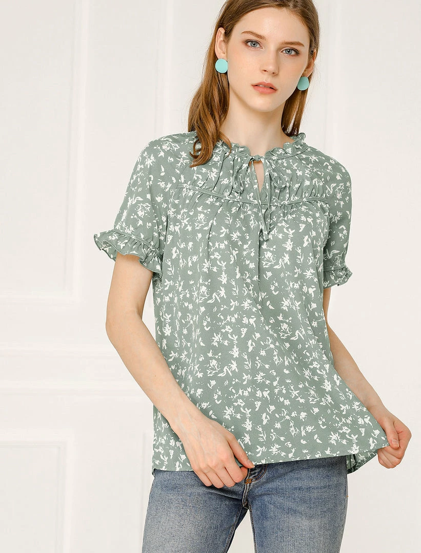 Allegra K Women's Floral Tie Neck Ruffle Short Sleeves Peasant Blouse Top 24 Allegra K Women's Floral Tie Neck Ruffle Short Sleeves Peasant Blouse Top