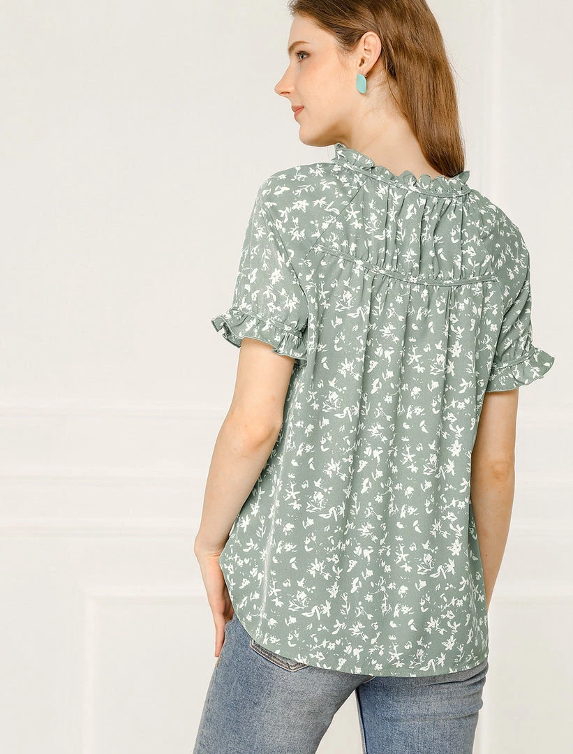 Allegra K Women's Floral Tie Neck Ruffle Short Sleeves Peasant Blouse Top 26 Allegra K Women's Floral Tie Neck Ruffle Short Sleeves Peasant Blouse Top