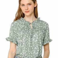 Allegra K Women's Floral Tie Neck Ruffle Short Sleeves Peasant Blouse Top 46 Allegra K Women's Floral Tie Neck Ruffle Short Sleeves Peasant Blouse Top