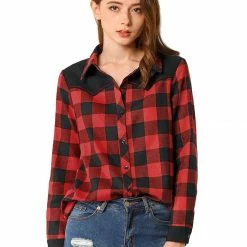 Allegra K Women's Casual Long Sleeve Collared Buffalo Check Blouse Button Down Plaid Shirt