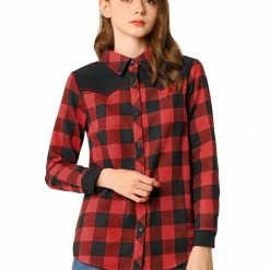 Allegra K Women's Casual Long Sleeve Collared Buffalo Check Blouse Button Down Plaid Shirt