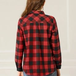 Allegra K Women's Casual Long Sleeve Collared Buffalo Check Blouse Button Down Plaid Shirt