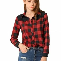 Allegra K Women's Casual Long Sleeve Collared Buffalo Check Blouse Button Down Plaid Shirt