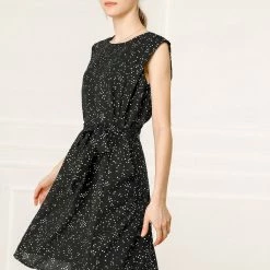 Allegra K Women's Cap Sleeve Knee Length Pockets Loose Dots Belted Shift Dress