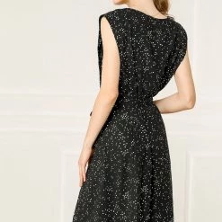 Allegra K Women's Cap Sleeve Knee Length Pockets Loose Dots Belted Shift Dress