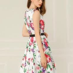 Allegra K Women's 1950s Vintage Keyhole Belted Cocktail Sleeveless Floral Swing Dress 12 Allegra K Women's 1950s Vintage Keyhole Belted Cocktail Sleeveless Floral Swing Dress