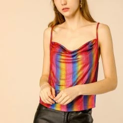 Allegra K Women's Cowl Neck Sparkly Club Metallic Glitter Spaghetti Strap Camisole Top