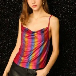 Allegra K Women's Cowl Neck Sparkly Club Metallic Glitter Spaghetti Strap Camisole Top