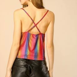 Allegra K Women's Cowl Neck Sparkly Club Metallic Glitter Spaghetti Strap Camisole Top